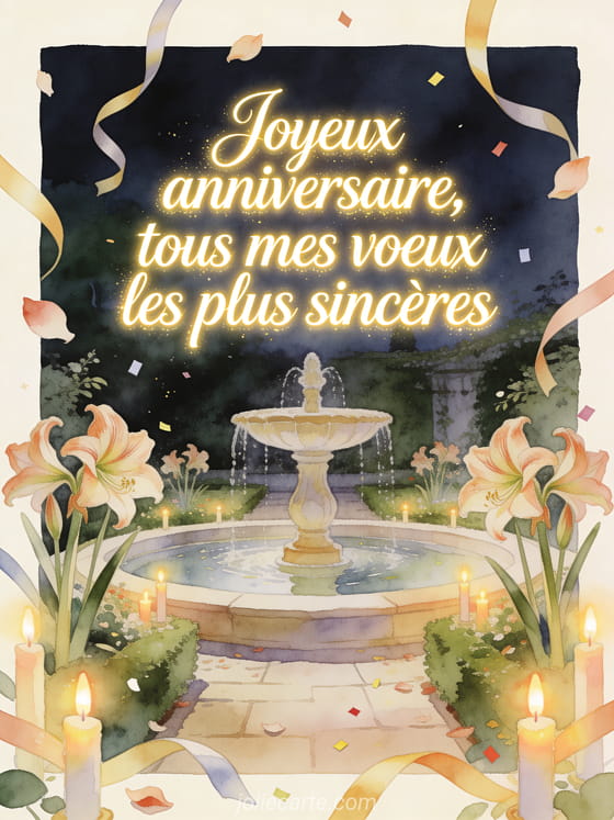 Carte aquarelle avec fontaine, amaryllis, bougies et texte Joyeux anniversaire, tous mes voeux les plus sincères