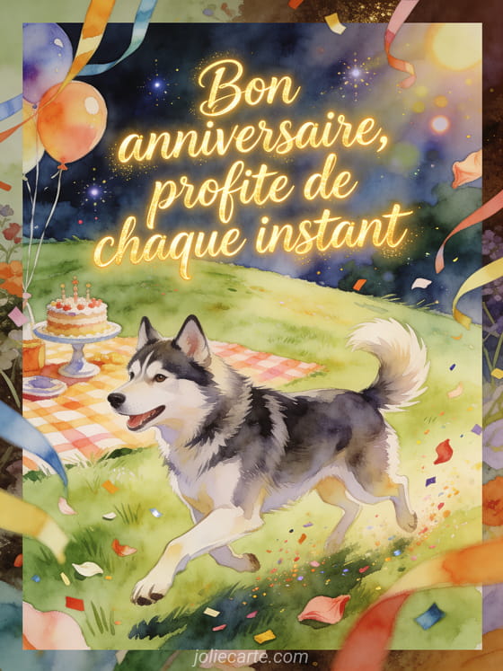 Illustration aquarelle d'un chien husky pres d'un pique-nique d'anniversaire avec gateau, ballons et rubans sur une colline herbeuse.