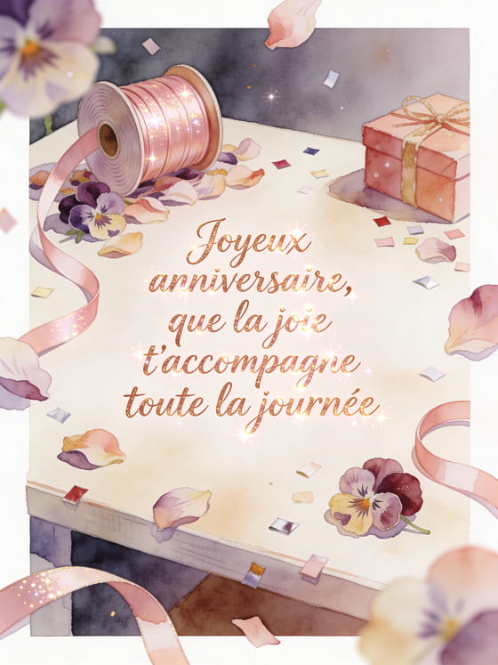 Carte aquarelle avec pensées, bobine de ruban, cadeaux et texte Joyeux anniversaire, que la joie t'accompagne toute la journée