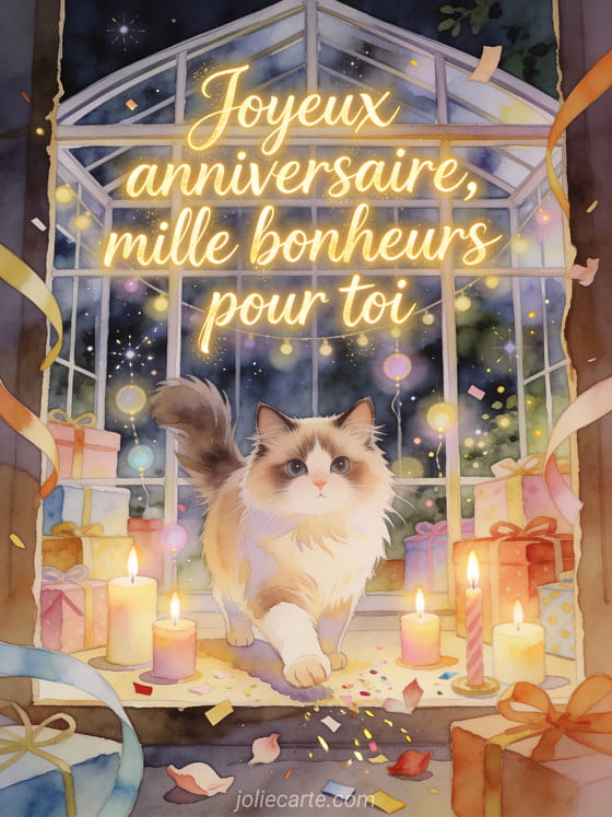 Illustration aquarelle d'un chat ragdoll parmi bougies flottantes, lumieres de fete et cadeaux dans une verriere.