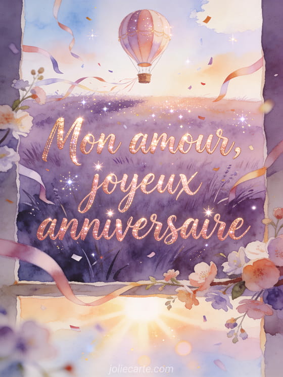 Illustration aquarelle d'une montgolfière au-dessus d'une prairie de violettes avec rubans et confettis, texte Mon amour, joyeux anniversaire.