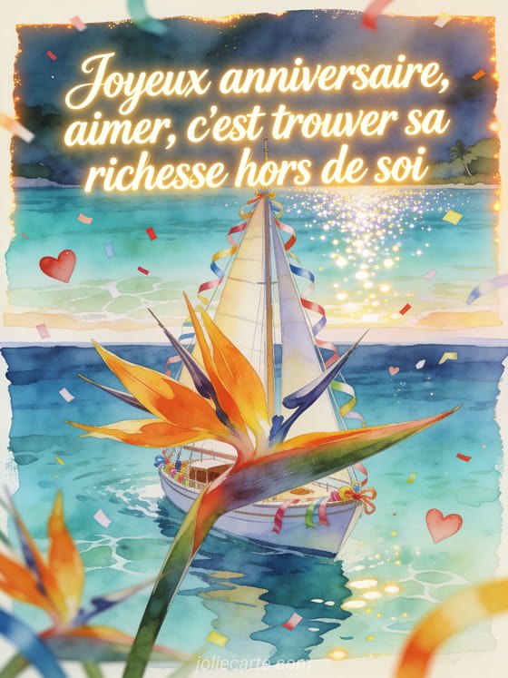 Illustration aquarelle d'un voilier décoré de rubans et d'oiseaux de paradis sur un lagon lumineux