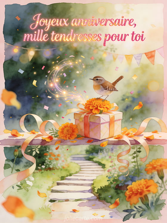 Illustration aquarelle d'un oiseau troglodyte sur un cadeau entouré de soucis et de confettis d'anniversaire