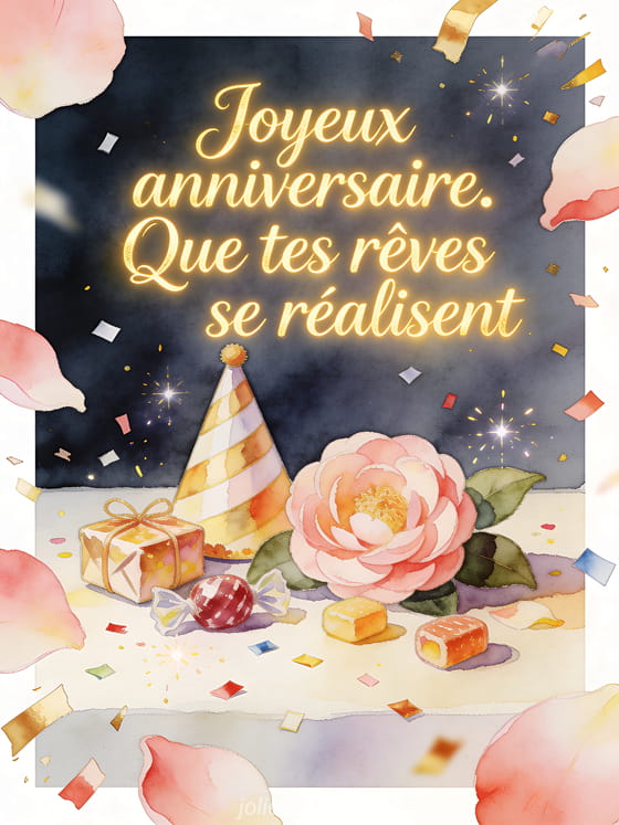 Carte aquarelle avec camélias, chapeau de fête, friandises et texte Joyeux anniversaire. Que tes rêves se réalisent