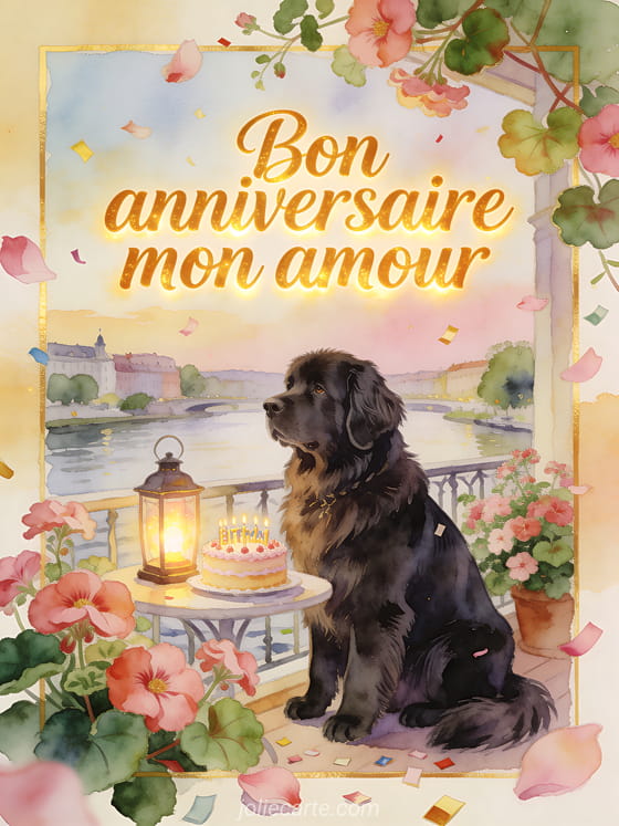 Chien terre-neuve près d'un gâteau d'anniversaire et d'une lanterne sur terrasse avec texte Bon anniversaire mon amour