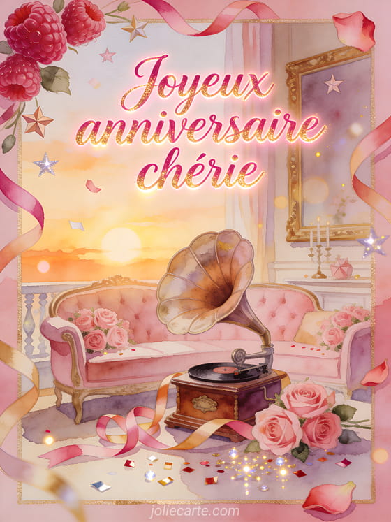 Illustration aquarelle d'un salon aux roses avec gramophone vintage et texte Joyeux anniversaire chérie
