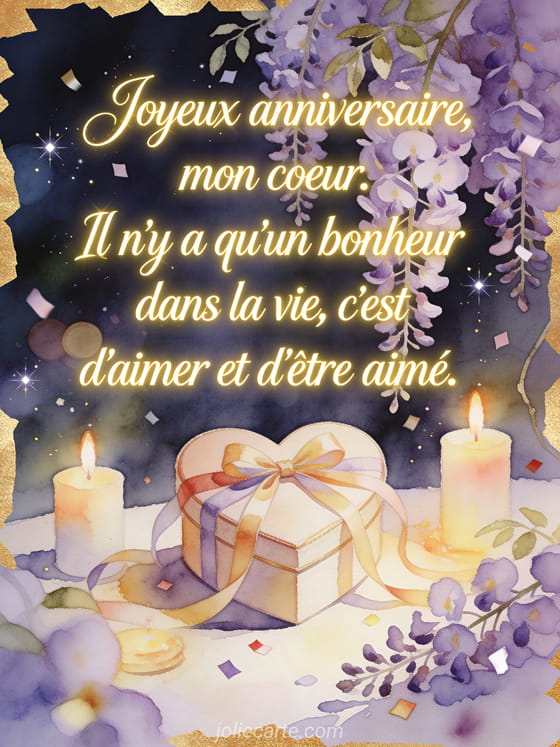 Carte illustree aquarelle avec coffret souvenir en forme de coeur, rubans d'anniversaire, glycine et bougies lumineuses