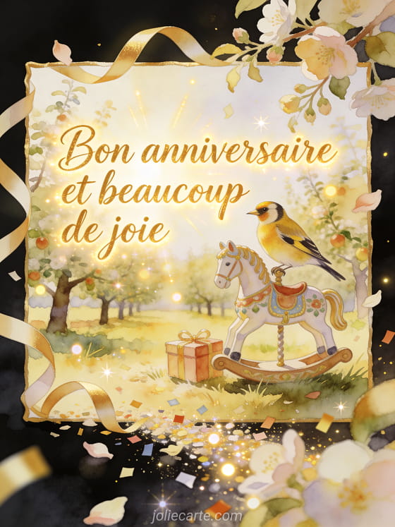 Illustration aquarelle d'un oiseau chardonneret pres d'un cheval de carrousel et de petits cadeaux dans un verger ensoleille.