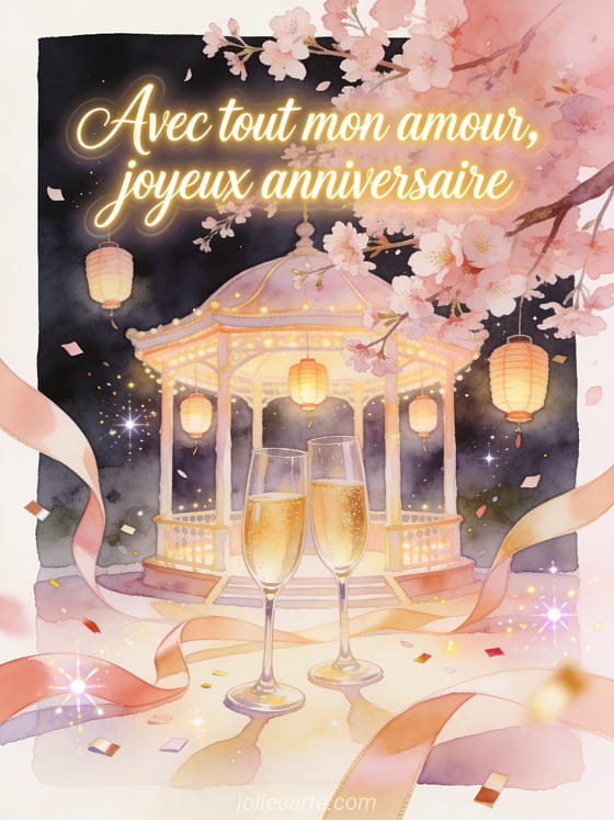 Branches de cerisier sur un pavillon d'anniversaire avec lanternes, rubans et confettis, texte Avec tout mon amour, joyeux anniversaire