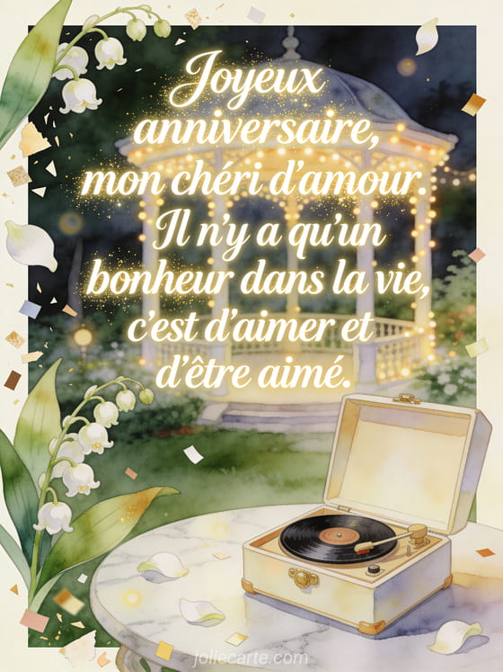 Boîte à musique ouverte sur table en marbre, muguet et texte Joyeux anniversaire, mon chéri d'amour