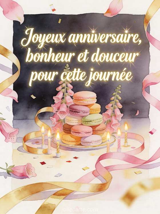 Carte aquarelle avec tour de macarons, digitales, rubans et texte Joyeux anniversaire, bonheur et douceur pour cette journée