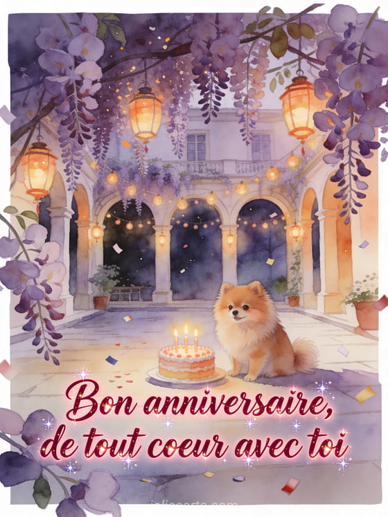 Illustration aquarelle d'un chien poméranien près d'un gâteau d'anniversaire sous une glycine fleurie