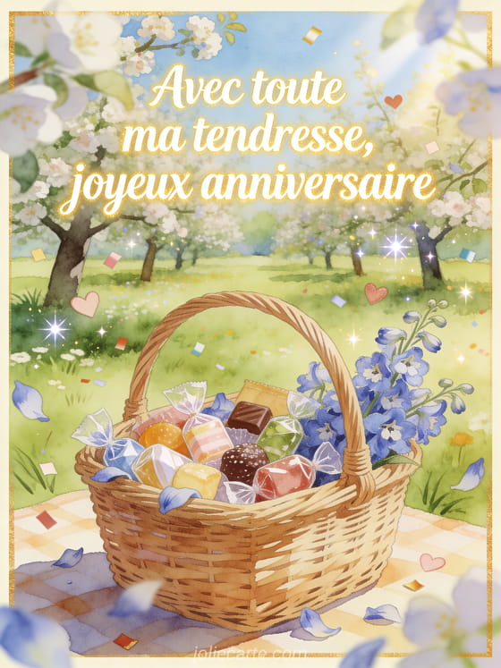 Illustration aquarelle d'un panier pique-nique rempli de douceurs et de delphiniums dans un verger fleuri