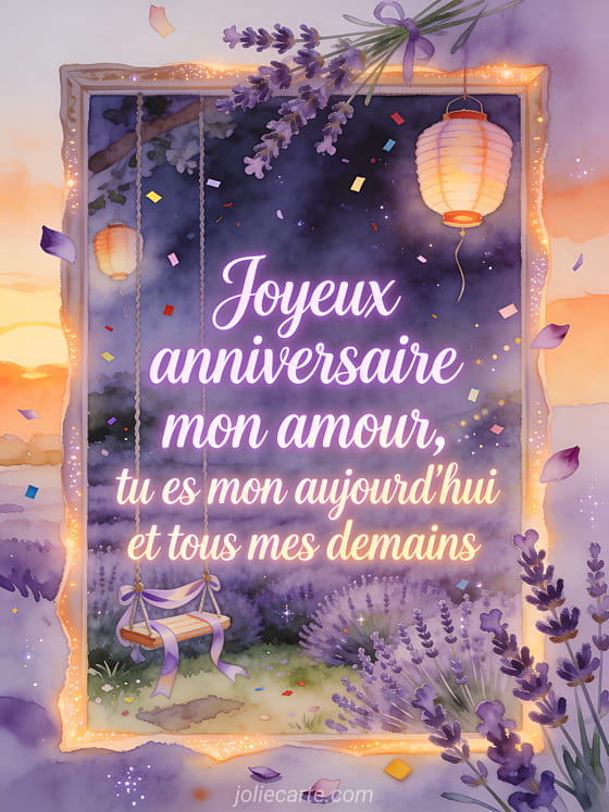 Illustration aquarelle d'un jardin de lavande avec balançoire, lanternes et texte Joyeux anniversaire mon amour