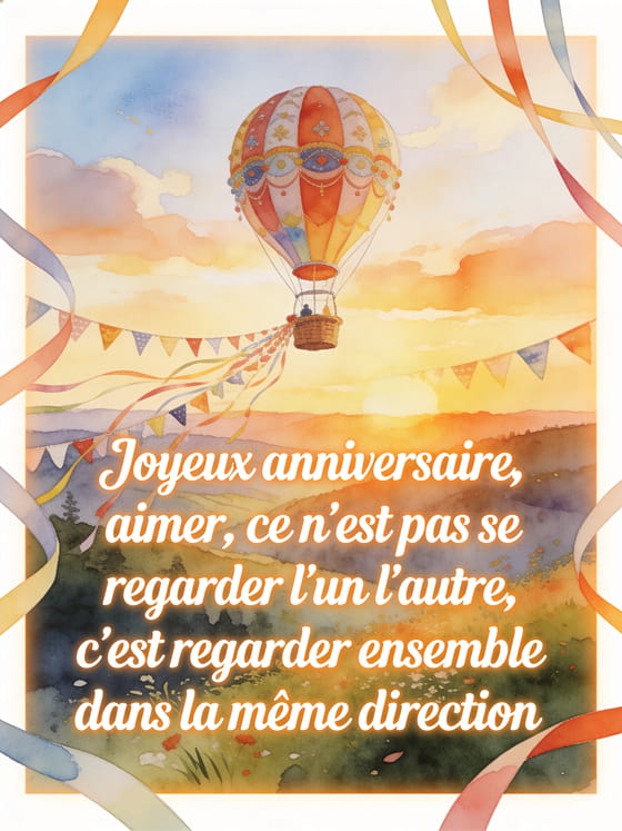 Illustration aquarelle d'une montgolfière décorée au-dessus d'une vallée au lever du soleil avec fanions et rubans d'anniversaire.