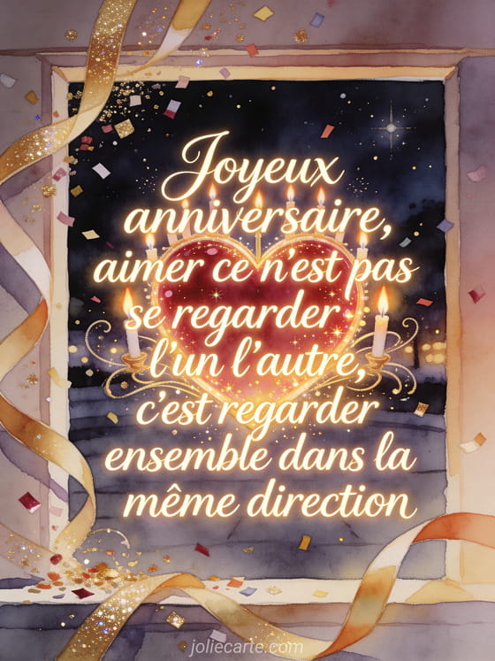 Calligraphie lumineuse avec ornement en forme de coeur, flammes de bougies et confettis brillants, style aquarelle