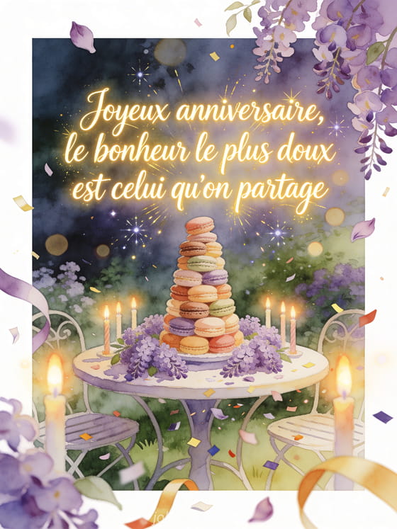 Illustration aquarelle de grappes de lilas autour d'une tour de macarons et de bougies d'anniversaire sur une table de jardin.