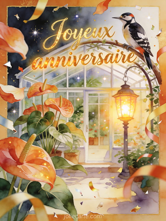 Lanterne d'anniversaire dans une serre d'anthuriums avec un oiseau pic epeiche et le texte Joyeux anniversaire
