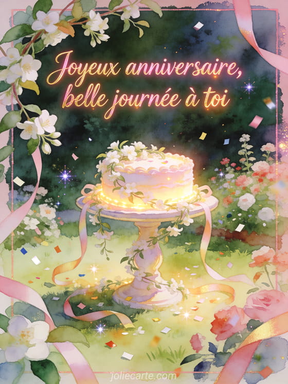 Jasmin autour d'un présentoir à gâteau avec rubans et confettis dans un jardin, texte Joyeux anniversaire, belle journée à toi