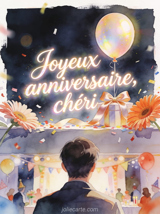 Carte illustree aquarelle avec ballon d'anniversaire, ruban cadeau en satin, petales de gerbera et confettis
