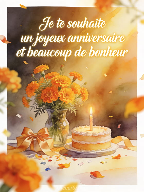 Carte aquarelle avec soucis, vase, gâteau allumé et texte Je te souhaite un joyeux anniversaire et beaucoup de bonheur