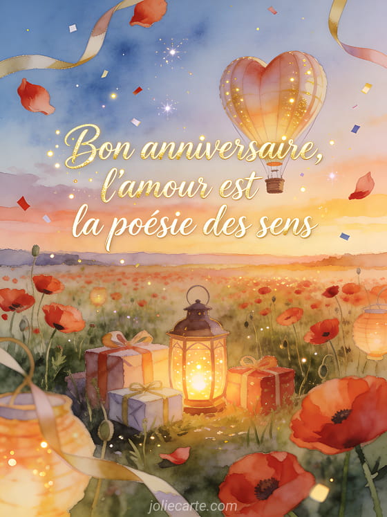 Illustration aquarelle d'une montgolfière en coeur au-dessus d'un champ de coquelicots avec cadeaux