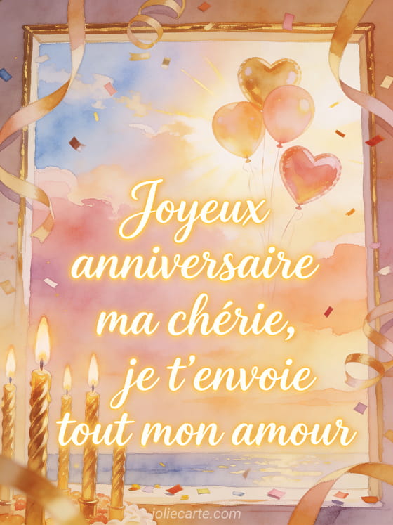 Calligraphie lumineuse avec bougies dorées et ballons coeur flottants dans un ciel clair, style aquarelle