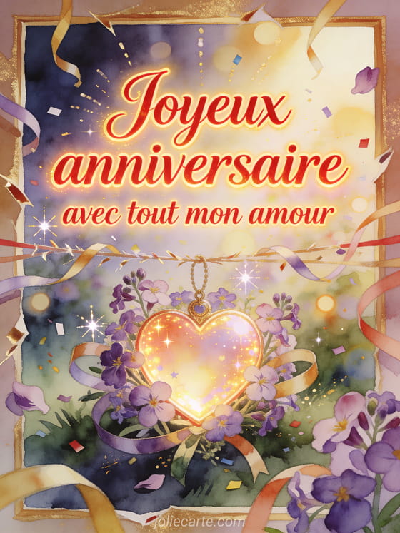 Illustration aquarelle avec coeur lumineux, fleurs d'aubriète et texte Joyeux anniversaire avec tout mon amour