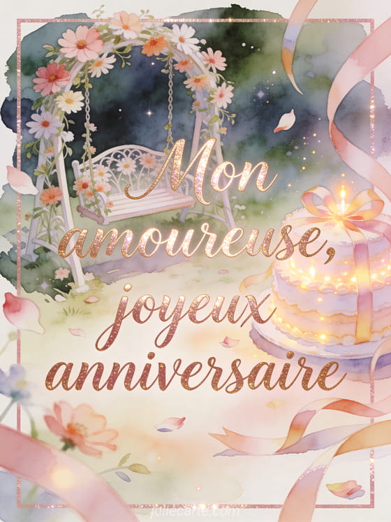 Balançoire de jardin entourée de cosmos avec gâteau d'anniversaire et texte Mon amoureuse, joyeux anniversaire