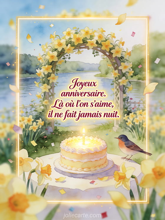 Gateau pres de jonquilles et d'un oiseau rossignol, texte Joyeux anniversaire