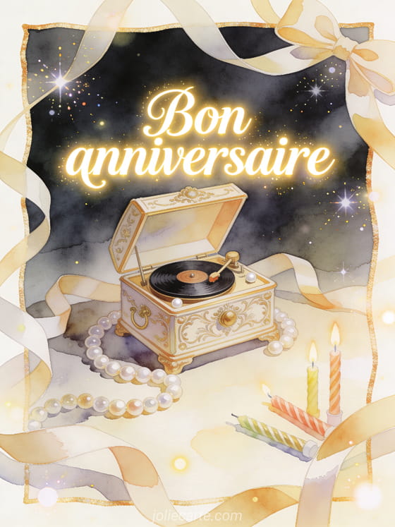 Boîte à musique ornée de perles, rubans et bougies d'anniversaire, texte Bon anniversaire