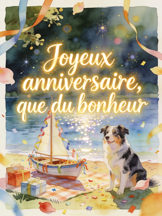 Illustration aquarelle d'un chien berger australien pres d'un petit voilier, de cadeaux et d'un pique-nique au bord d'un lac.