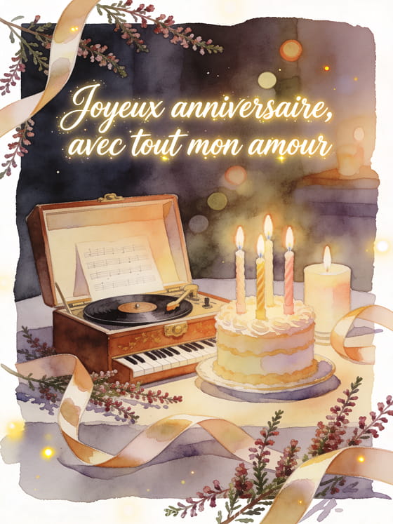 Carte illustree aquarelle avec boite a musique ouverte, bougies d'anniversaire, rubans de satin et bruyere
