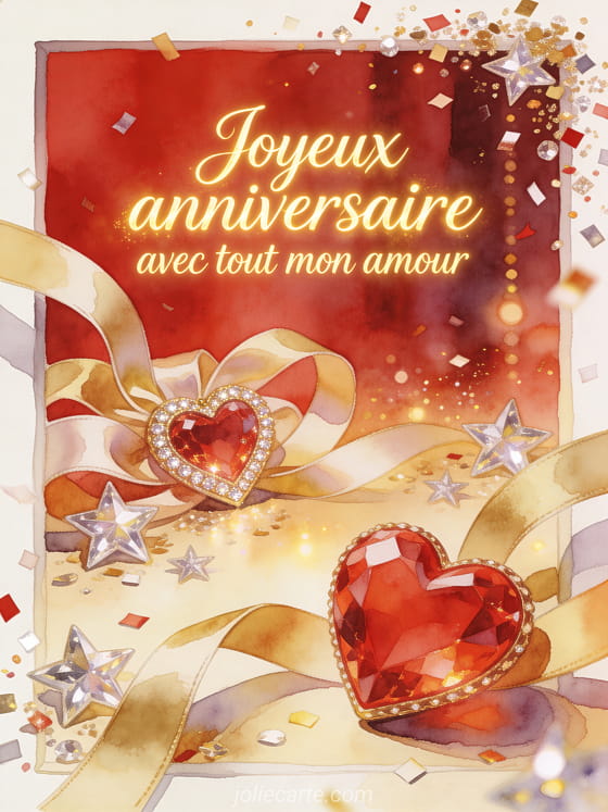 Calligraphie lumineuse avec coeur scintillant, rubans satinés et étoiles de cristal, style aquarelle