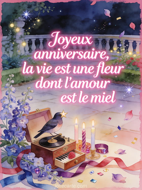 Illustration aquarelle d'un oiseau étourneau sur une boîte à musique parmi delphiniums, bougies et rubans