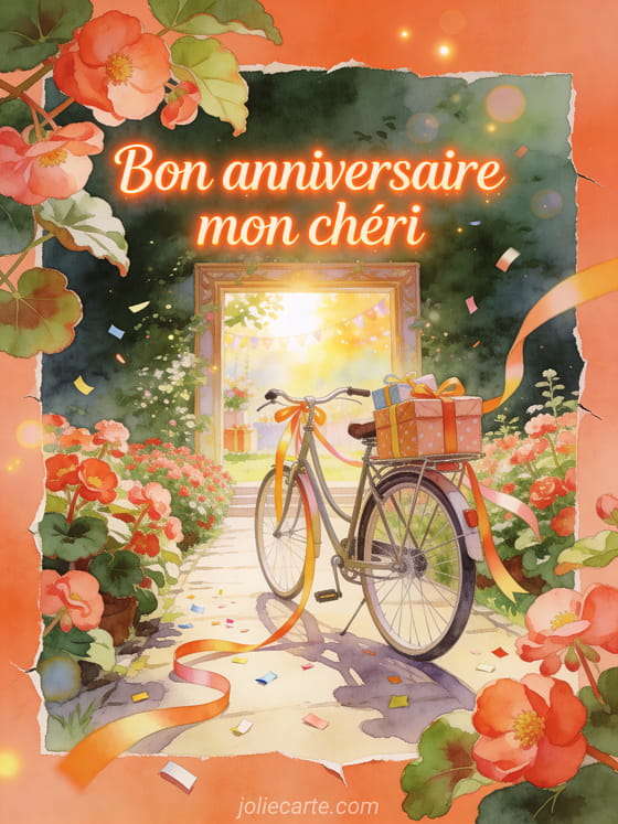Illustration aquarelle d'un chemin de jardin aux bégonias avec vélo, cadeaux et texte Bon anniversaire mon chéri
