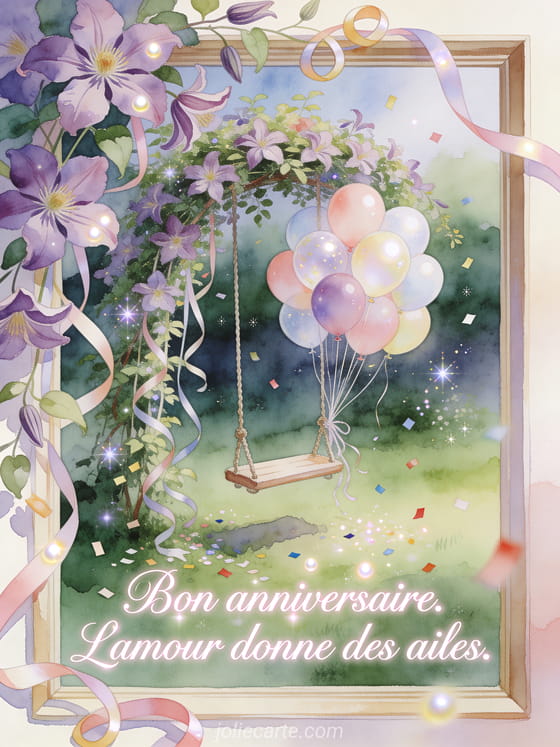 Balancoire couverte de clematites avec ballons d'anniversaire et texte Bon anniversaire. L'amour donne des ailes.