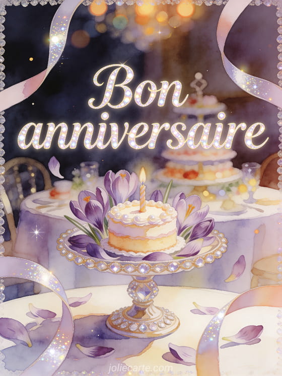 Carte illustree aquarelle avec presentoir a gateau, petit gateau d'anniversaire, petales de crocus et rubans scintillants