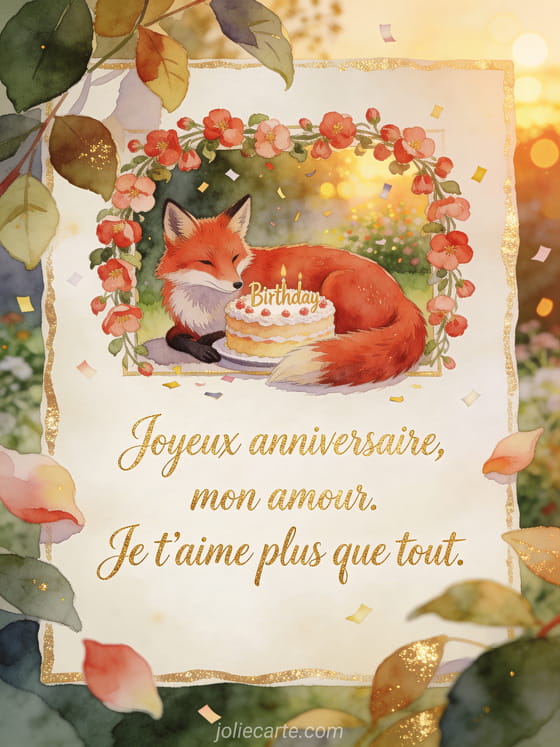 Illustration aquarelle d'un renard roux près d'un gâteau d'anniversaire avec bégonias et confettis.