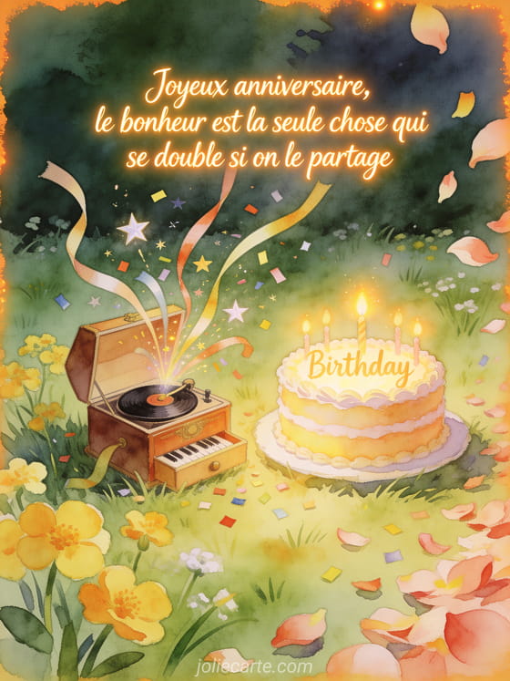 Prairie de primevères avec boîte à musique, gâteau d'anniversaire et texte Joyeux anniversaire le bonheur se partage