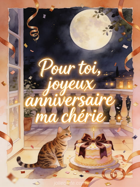 Calligraphie lumineuse avec chat bengal près d'un gâteau d'anniversaire nocturne et de noeuds en velours, style aquarelle