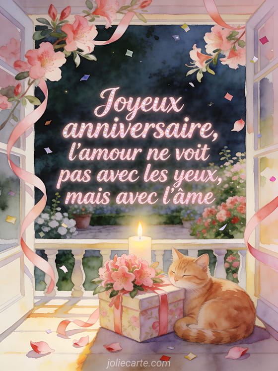 Illustration aquarelle d'un chat roux près d'un cadeau entouré d'azalées sur une véranda ensoleillée