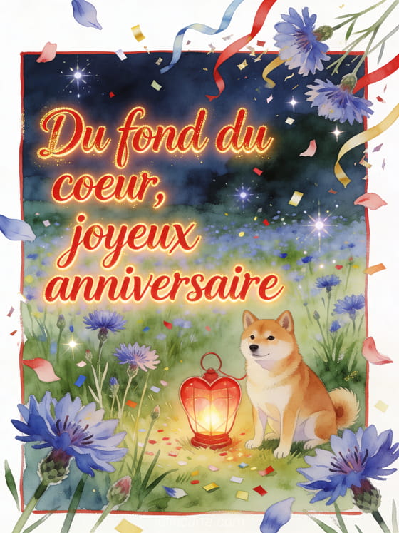 Shiba inu pres d'une lanterne coeur dans un champ de bleuets, texte Du fond du coeur, joyeux anniversaire