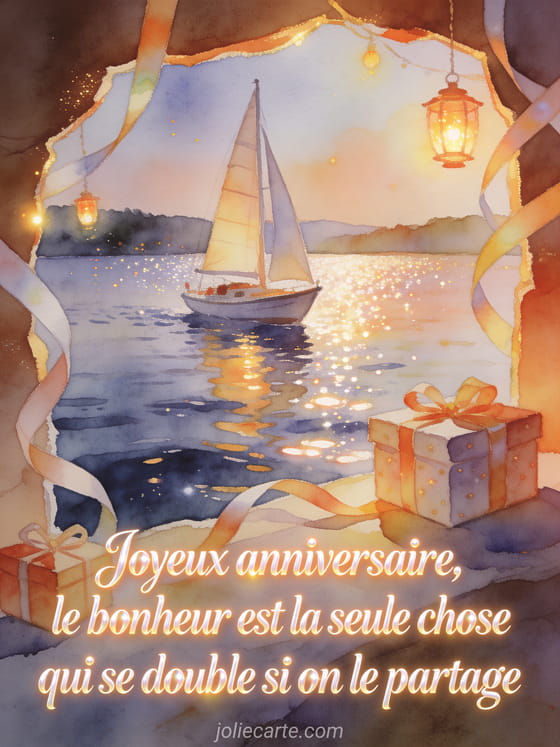 Voilier sur un lac avec cadeaux, rubans et lanternes lumineuses, texte Joyeux anniversaire, le bonheur se partage
