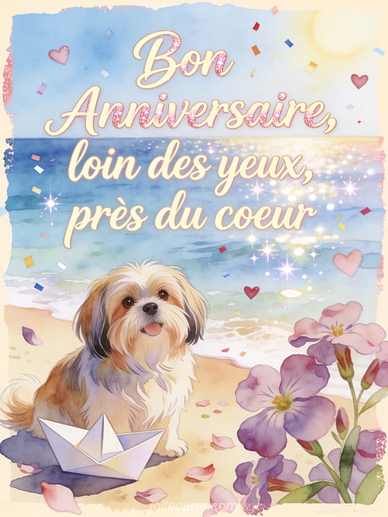 Illustration aquarelle d'un chien lhasa apso près d'un bateau en papier et d'aubriètes au bord de l'eau