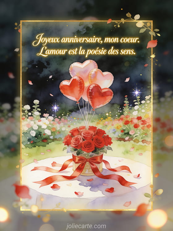 Carte illustree aquarelle avec ballons en forme de coeur, roses rouges, rubans de satin et ambiance de jardin festif
