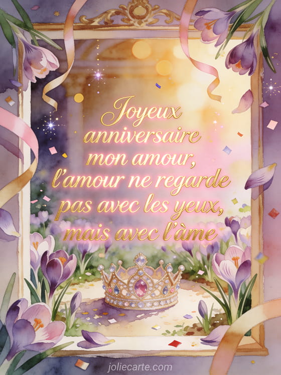 Illustration aquarelle d'un jardin de crocus autour d'une couronne d'anniversaire et long texte romantique