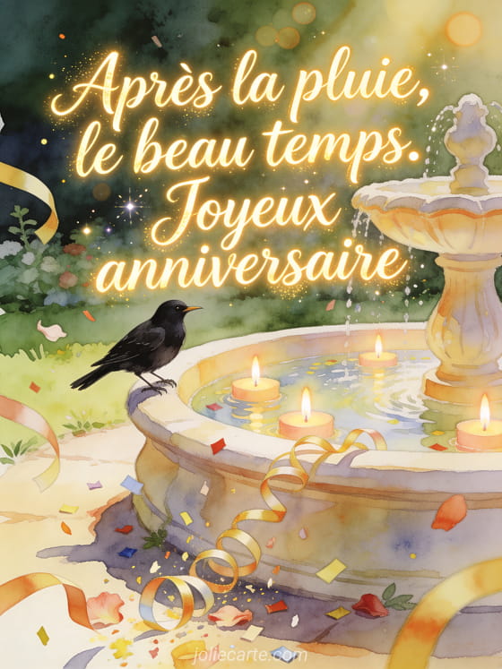 Illustration aquarelle d'un oiseau merle noir pose sur une fontaine de jardin avec bougies flottantes et rubans.