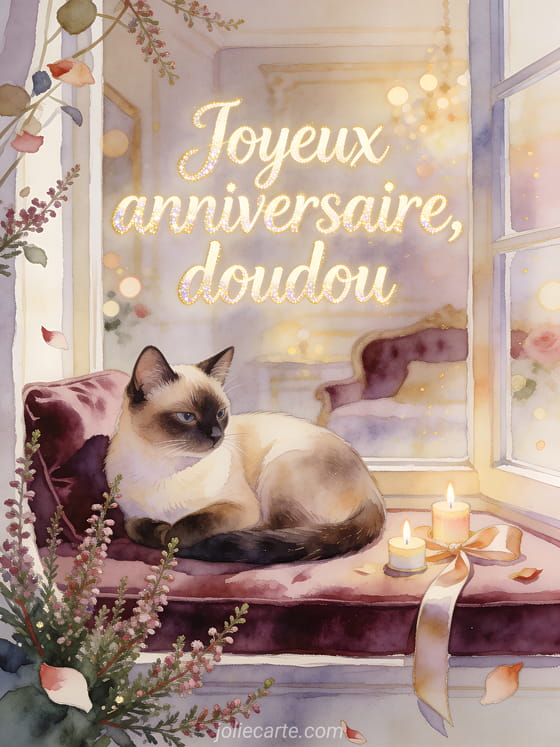 Chat siamois sur assise de fenêtre avec bougies d'anniversaire, ruban satin et texte Joyeux anniversaire, doudou