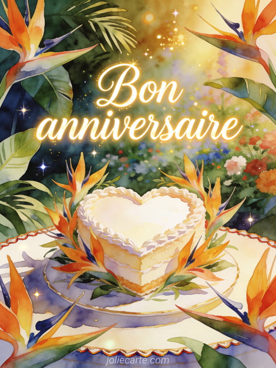 Calligraphie lumineuse avec gâteau en forme de coeur entouré de fleurs oiseau de paradis, style aquarelle